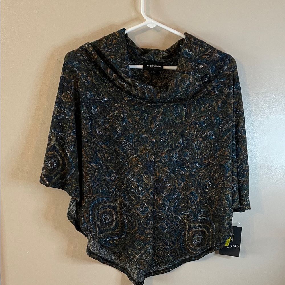 Raglan Cowl Neck Patterned Shawl / Cape - Multicolor
